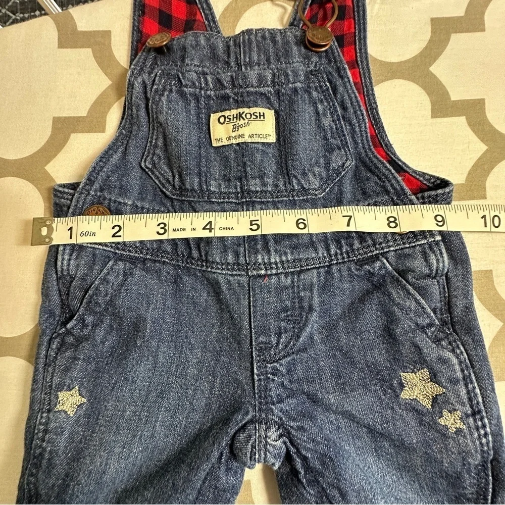 OshKosh Vestbak Buffalo Check Lined Denim Oversalls Embroidered Start Sz 3M